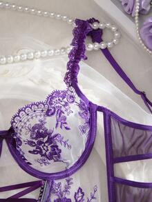 两件套花卉刺绣网纱透视性感内衣套装