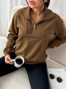 Suéter deportivo de ocio con cordón de bombeo medio abierto para mujeres y sombrero, tejidos sólidos suaves, cómodos y cálidos - Marrón claro - Ver 1