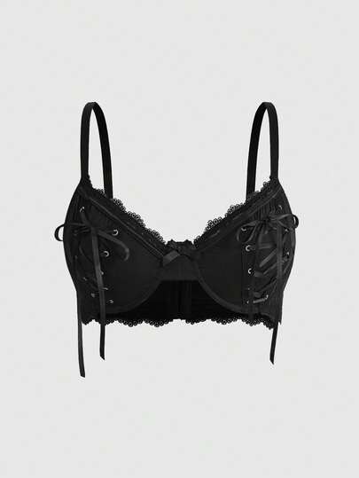 Soutien-gorge gothique grande taille avec armatures, dentelle et lacets à œillets avec nœud pour femmes