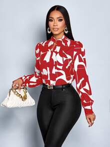 SOLERSUN Áo cánh dài tay họa tiết hoa thanh lịch dành cho nữ, thích hợp mặc đi làm, công sở, thu/đông - Đỏ - Xem 5