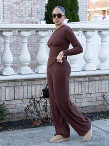 Melissa Matos 女士休闲不对称肩部毛绒T恤+阔腿低腰裤两件套，冬季 - 棕色 - 查看 1