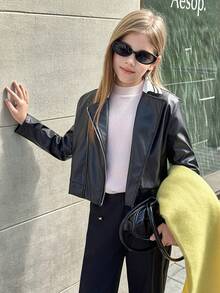 Cool och snygg kort jacka i konstläder för flickor, långärmad - Svart - Visa 6