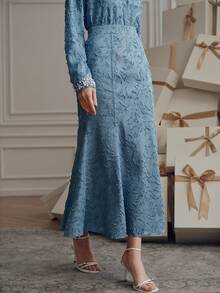 Anewsta Women's Elegant Jacquard Fabric Mermaid Skirt - Blue - View 1