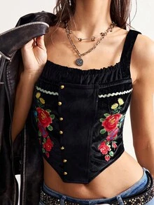 Bohemela 波西米亚风西部游牧宫廷风天鹅绒刺绣女式吊带背心 - 黑色 - 查看 3