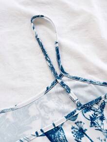 Soleia 2pcs/Set Women's Burgundy Textured Knit Camisole Top And Burgundy Heart Print Drawstring Tie Slit Skirt, Vacation Outfit, Beach Outfit For Women, Graduation Brunch, St. Patrick's Day, Spring Break, Easter,  Elegant Boho Tropical - Blue and White - View 5