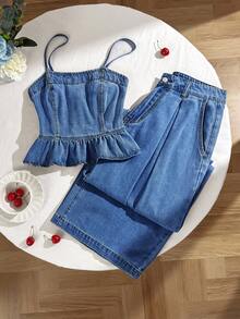 Comfortcana Women's Casual Denim Camisole Top With Ruffle Hem And Denim Pants Set, Summer - Blue - View 1
