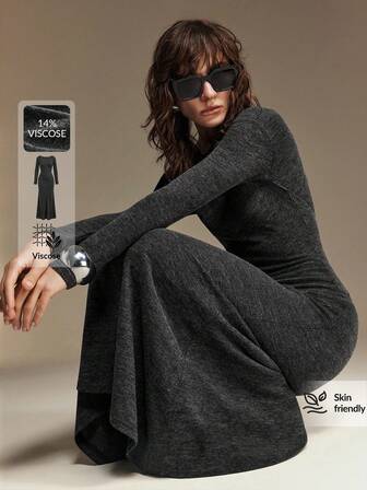 Ontre 2026SS New Spring/Summer Dress, Party & Valentine's Day Maxi Dress, Women's Extra Long Dress, Minimalist Design, Versatile For Daily Wear, Dark Gray, Soft Knit Fabric, U-Neck, Fitted Silhouette, Waist Cinched, Elegant & Simple, Women's Extra Long Dress, Business Casual, Commute, Daily Wear, Spring/Summer, Korean Style, Design Details, Suitable For 5-15°C, Vacation, Party, Wedding Guest Attire, Fashionable & Versatile Maxi Dress