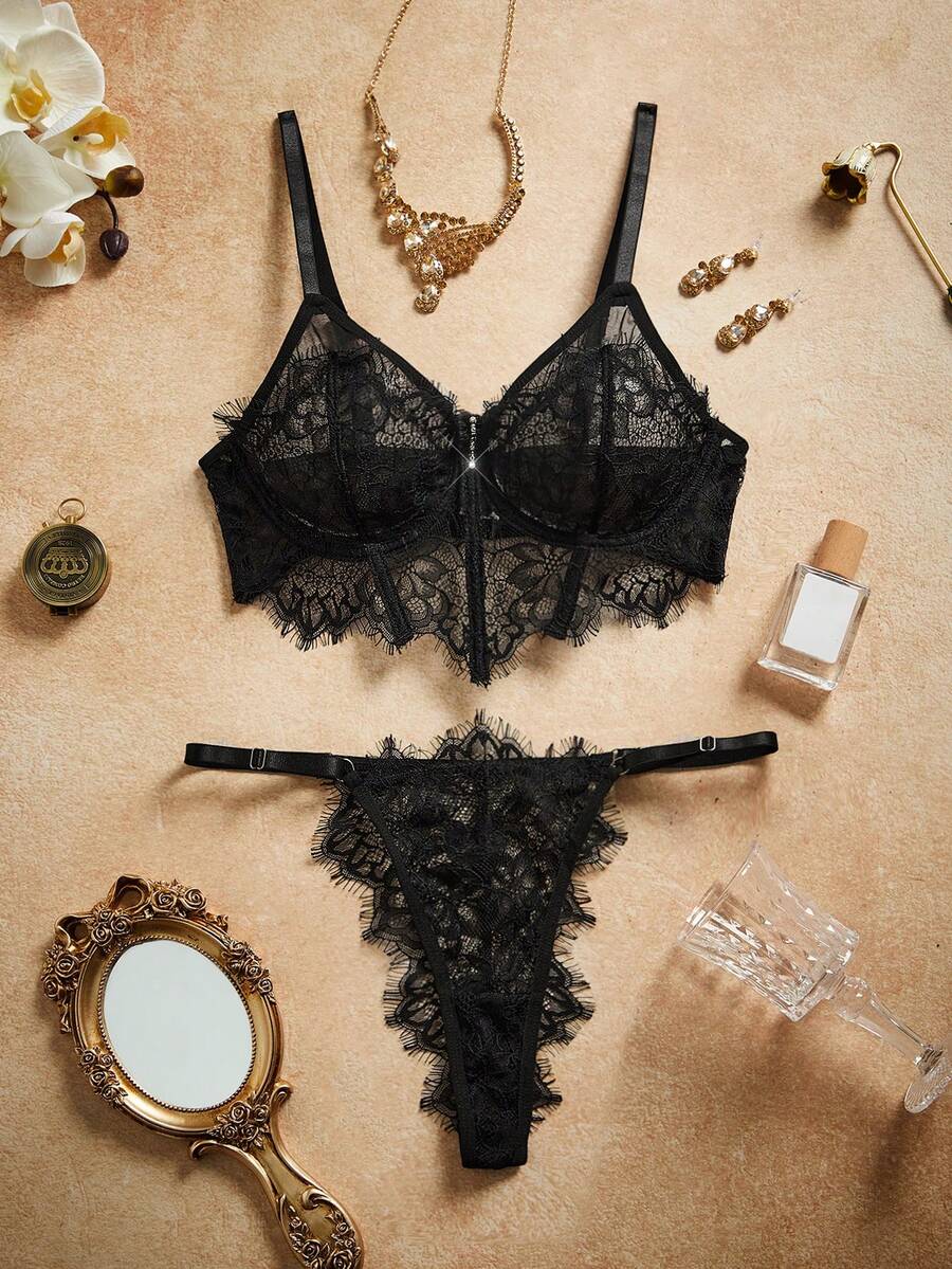 2pcs Lace Contrast Mesh Underwire Bra Set - Black - View 1
