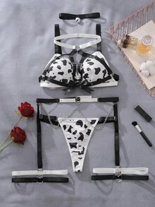 Cow Print Hollow Out Chain Detail Sexy Lingerie Set - Black and White - View 5