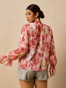 SHEIN VCAY Áo cánh tay dài họa tiết hoa voan cỡ lớn cho nữ, áo sơ mi họa tiết da báo nhún bèo, quần áo mùa thu cho nữ - Hồng - Xem 2
