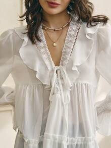 Cévolie 女士优雅通勤荷叶边系带梭织衬衫 - 白色 - 查看 6