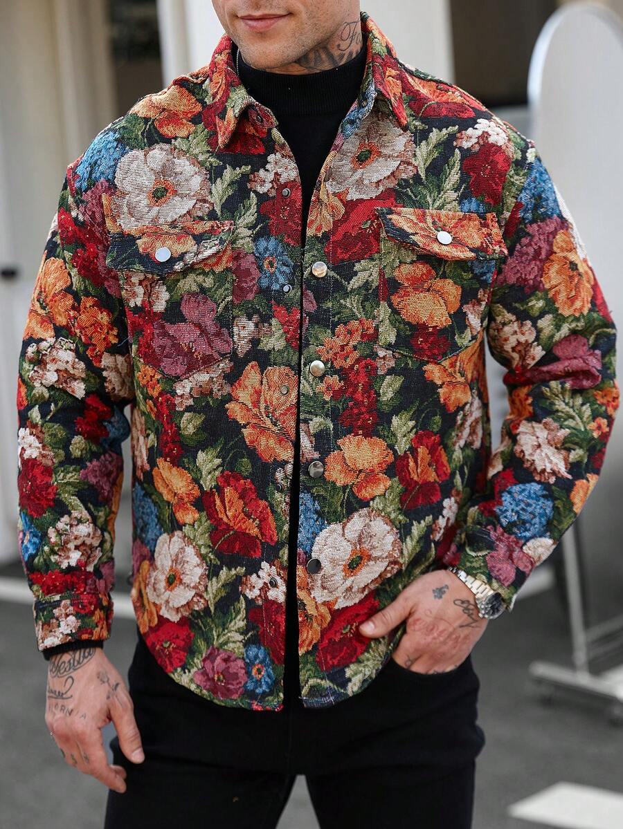 Manfinity LEGND Áo khoác dài tay họa tiết hoa cho nam, áo sơ mi hoa cho nam, áo blazer hoa cho nam, áo sơ mi hoa cho nam, áo khoác mùa hè cho nam, áo sơ mi cài nút cho nam, áo sơ mi hoa nhiều màu cho nam. - màu nâu - Xem 1