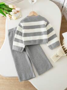 女童黑白条纹加厚针织毛衣和打底裤两件套，秋冬季