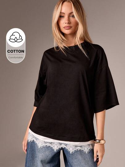 AiiRZ Oversized Black Top With White Lace Trim Hem Detail Short Sleeve Relaxed Fit Casual Tee