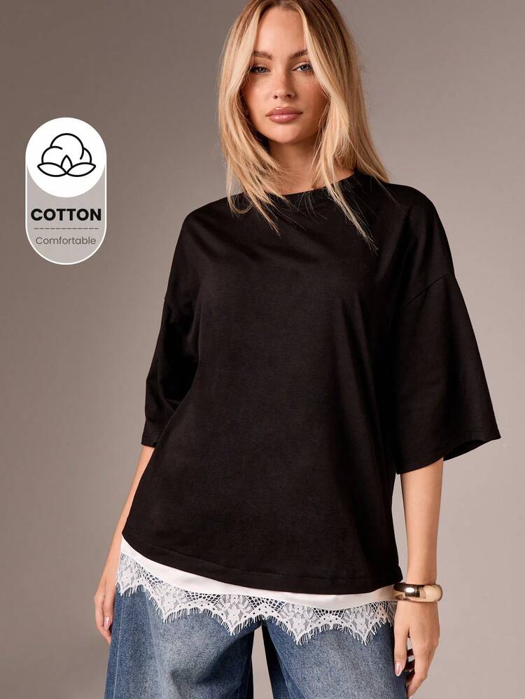 Oversized Tee With Lace Trim Hem