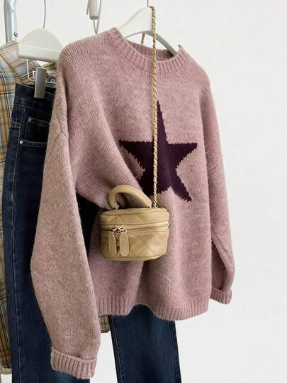 EMERY ROSE Plus Size Women's Pentagram Jacquard Drop Shoulder Long Sleeve Casual Crew Neck Sweater, Autumn/Winter