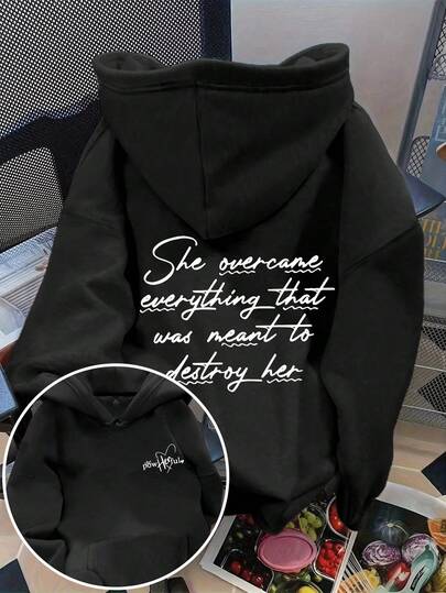 Flirla Sudadera con capucha térmica con cordón y estampado gráfico de letras para mujer de talla grande