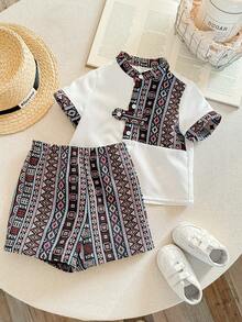 SHEIN 2 pièces/Set Top à manches courtes et short pour tout-petits garçons/filles, en patchwork de couleurs contrastées et motifs traditionnels. Ensemble confortable, polyvalent, décontracté chic et mignon, rétro traditionnel. Convient pour le printemps/été, intérieur, extérieur, quotidien, sport, fête, séance photo, festival, nouvel an, rentrée des classes - Rouge foncé - Voir 3