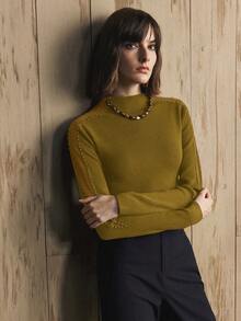 Revavyn Áo len cổ lọ ôm vừa vặn dành cho nữ, thiết kế hở vai lưới và đính hạt ngọc trai, thích hợp cho việc đi lại hàng ngày - Màu Mù tạt vàng - Xem 6