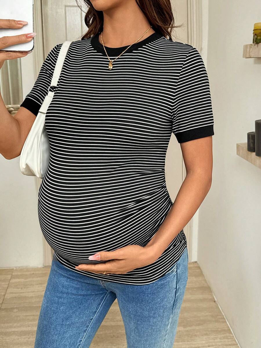 SHEIN 孕妇条纹圆领短袖休闲百搭T恤 - 黑色 - 查看 1