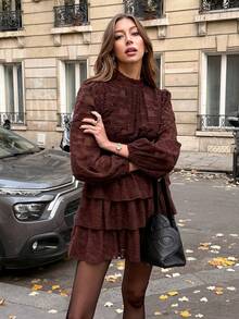 SHEIN PariChic Autumn/Winter New Retro Chic-Inspired Chocolate Brown Jacquard Dress | Stand Collar With Draped Pleats, Waist-Defining Silhouette, Puff Sleeves & Multi-Layer Ruffled A-Line Mini Dress | High-End Niche Elegance For The Discerning Woman French Style Clothes Paris Outfits Women Autumn Dress Faux Fur Coffee Brown Dress Dark Brown Dress Carnaval - Brown - View 5