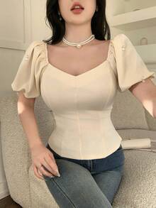 Feyla 女士时尚优雅纯色甜心领珍珠装饰衬衫 - 杏色 - 查看 6