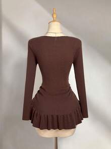 Elamini 女士时尚纯色罗纹V领短款毛衣连衣裙 - 棕色 - 查看 2