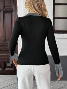 Pariaura 女士时尚二合一拼接长袖T恤，春夏款 - 黑色 - 查看 2