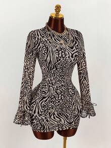 Amplova Women's Mini Dress, Leopard Print Flocked, Sexy Backless, Sheer Mesh Sleeves, Front Slit, Autumn/Winter Open Back Dress Zebra Print Dress - Multicolor - View 6