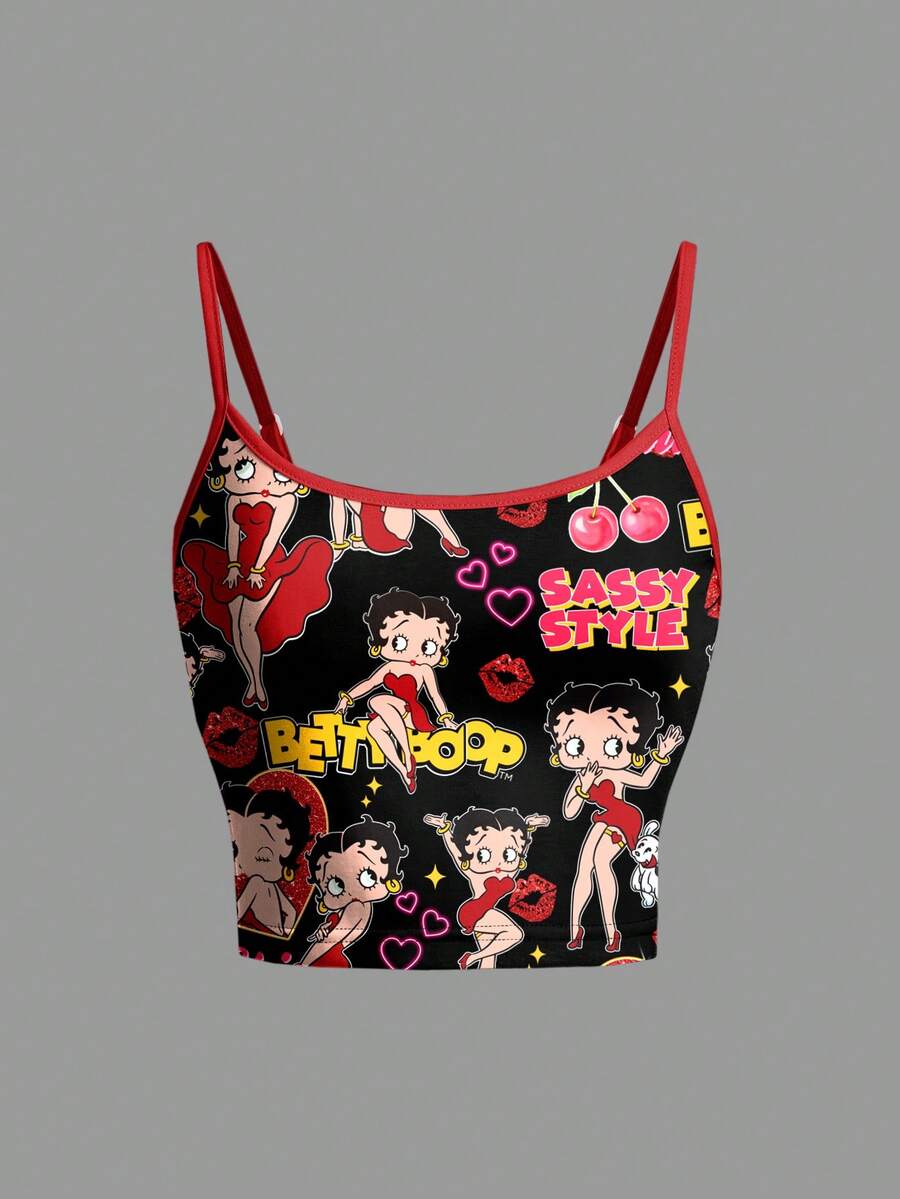 Betty Boop x SHEIN Women's Casual Fashionable Street Cartoon Figure & Letter Graphic Contrast Binding Fitted Cropped Cami Top, Summer - White - View 1