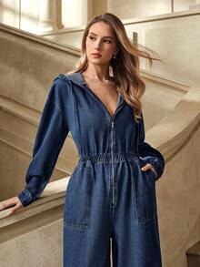 Selenza Women's Drop Shoulder Drawstring Hooded Long Sleeve Zipper Pocket Casual Denim Jumpsuit - Blue - View 5