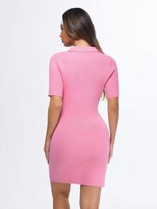 Eassivo Eassivo Women's Button Half-Placket Long Fitted Short Sleeve Bodycon Knit Dress - Pink - View 2