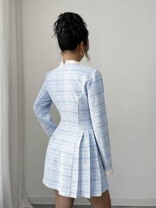 Elenzga 女士长袖纽扣系腰优雅休闲连衣裙，秋冬款 - 藍色 - 查看 2