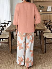 SHEIN LUNE 女士复古优雅波西米亚风V领落肩宽松上衣和印花阔腿裤套装 - 彩色 - 查看 2