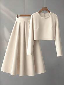 Franclia Women's Solid Color Faux Pearl Decor Long Sleeve Top And Skirt Elegant Set - Khaki - View 4
