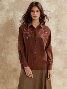 女士棕色纹理梭织长袖修身落肩花卉刺绣休闲衬衫，适合日常通勤和休闲穿着 - 咖啡棕 - 查看 6
