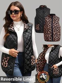 EMERY ROSE Chaleco/chaqueta casual reversible con cremallera y estampado de leopardo para mujer talla grande, para invierno - Multicolor - Ver 1