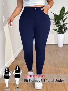 SHEIN PETITE CURVE 大码纯色高腰裤，适合日常穿着 - 藏蓝色 - 查看 1
