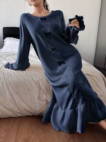 SHEIN Camisón de mujer de unicolor con decoración de lazo, volantes y mangas abullonadas - Azul Marino - Ver 4