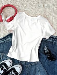 SHEIN 3pcs/Set Teen Girl Casual Minimalist Tight Fit Round Neck Short Sleeve High Waist Cropped Regular T-Shirt, Street Graphic, Retro Sporty Leopard Print Number 98 58 City Letter Pattern, White, Black, Dark Grey, Suitable For Summer, Street, Campus, Outdoor, Casual - Multicolor - View 6