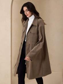 Graceveil Chaqueta casual larga con cremallera frontal, cuello con cordón, cuatro botones, bolsillos cargo y puños de manga de mujer en tela de twill marrón con forro polar - Marrón - Ver 4