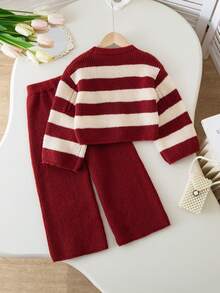 女童黑白条纹加厚针织衫上衣和打底裤套装，秋冬季