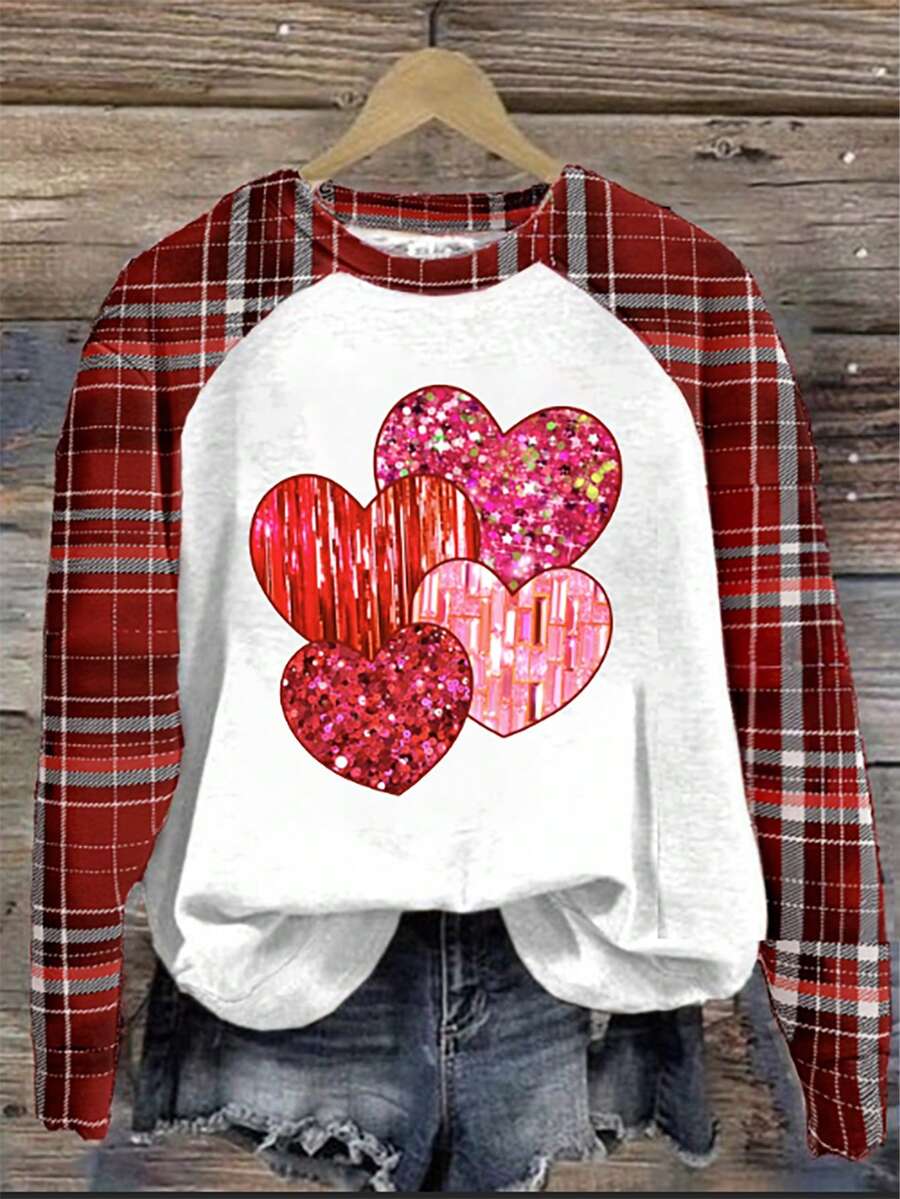 EMERY ROSE Áo nỉ dài tay tay raglan dành cho nữ, thích hợp cho mùa thu/đông và ngày Valentine: Áo nỉ đôi hình trái tim, áo thun in hình dễ thương cho nữ, áo thun in hình trái tim, áo dài tay dễ thương. - trắng - Xem 1