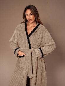 Lazeform Contrast Color Pom Pom Hooded Jacquard Fleece Women Robe Fuzzy, Fluffy Long Robe Winter, Cozy - Khaki - View 7