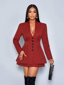 SOLERSUN Bộ vest dài tay xếp ly cổ chữ V sang trọng thanh lịch dành cho nữ, bộ vest đi làm hàng ngày đa năng - Rỉ Nâu - Xem 1