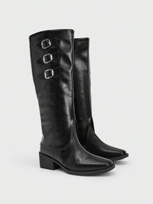 Sugerpunk Botas de media pantorrilla de moda casual de uso diario con diseño de hebilla para mujer - Negro - Ver 1