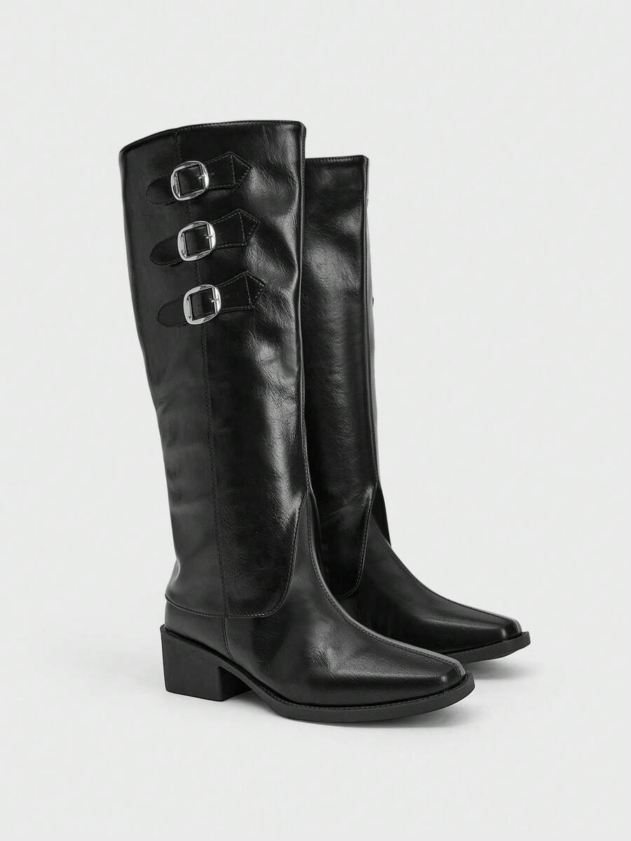 Sugerpunk Botas de media pantorrilla de moda casual de uso diario con diseño de hebilla para mujer - Negro - Ver 1