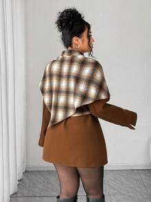 Elenzga Women's Pink And Grey Autumn Elegant Plaid Pattern Long Sleeve Poncho-Style Jacket,Waist Cinched Minimalist Coat With Pockets For Office Work Commute - Coffee Brown - View 2
