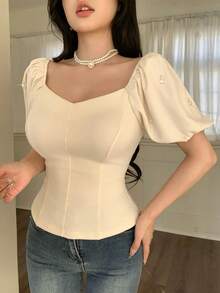 Feyla 女士时尚优雅纯色甜心领珍珠装饰衬衫 - 杏色 - 查看 1
