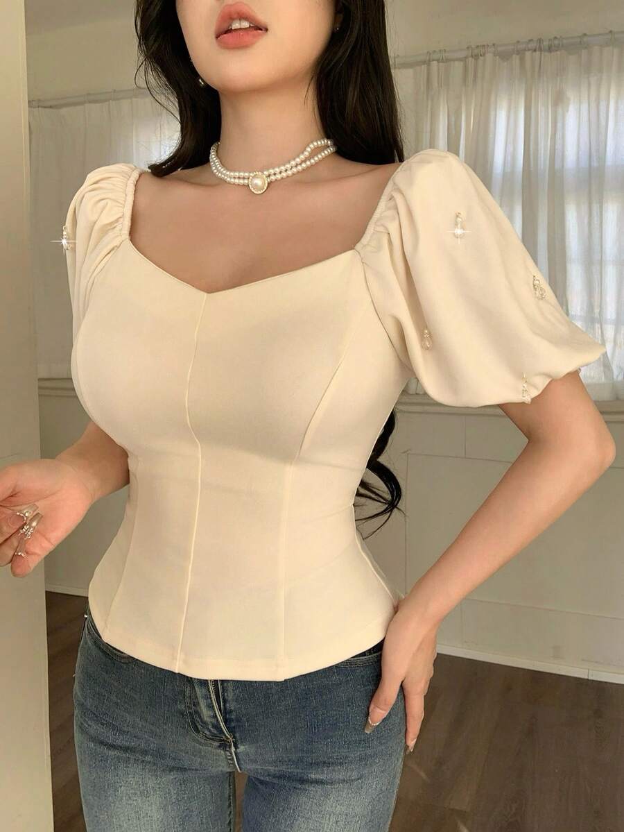 Feyla 女士时尚优雅纯色甜心领珍珠装饰衬衫 - 杏色 - 查看 1